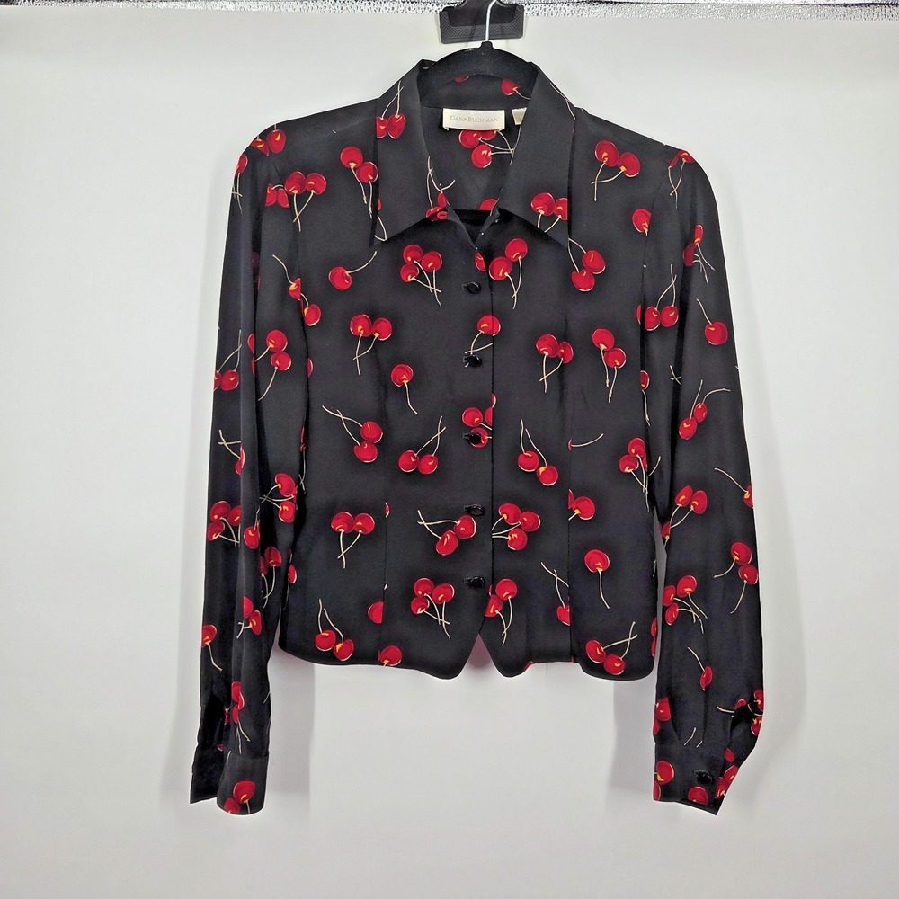VTG Dana Buchman Womens Blouse Shirt Sz 4 Black Red Cherries Silk LS Retro - Picture 1 of 5